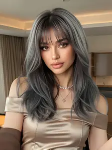 Fashion New Medium-Length Deep Straight Natural Looking Wig with Bangs and Highlights, Synthetic Women's Wig for Work, Life, Parties, Synthetic Hair Wigs