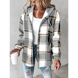 Plaid Hooded Fleece Shirt Jacket Loose Fit Long Sleeve Woven Fabric Casual Spring Fall Outerwear Thick Comfortable Men's Clothing