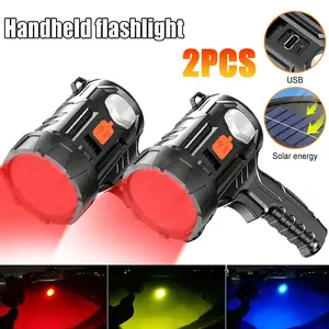 2PCS LED Spotlight Rechargeable USB Solar Charging IPX5 Waterproof Handheld Flashlight with 6 Modes for Hunting Camping Boat Foldable Tripod Impact Resistant