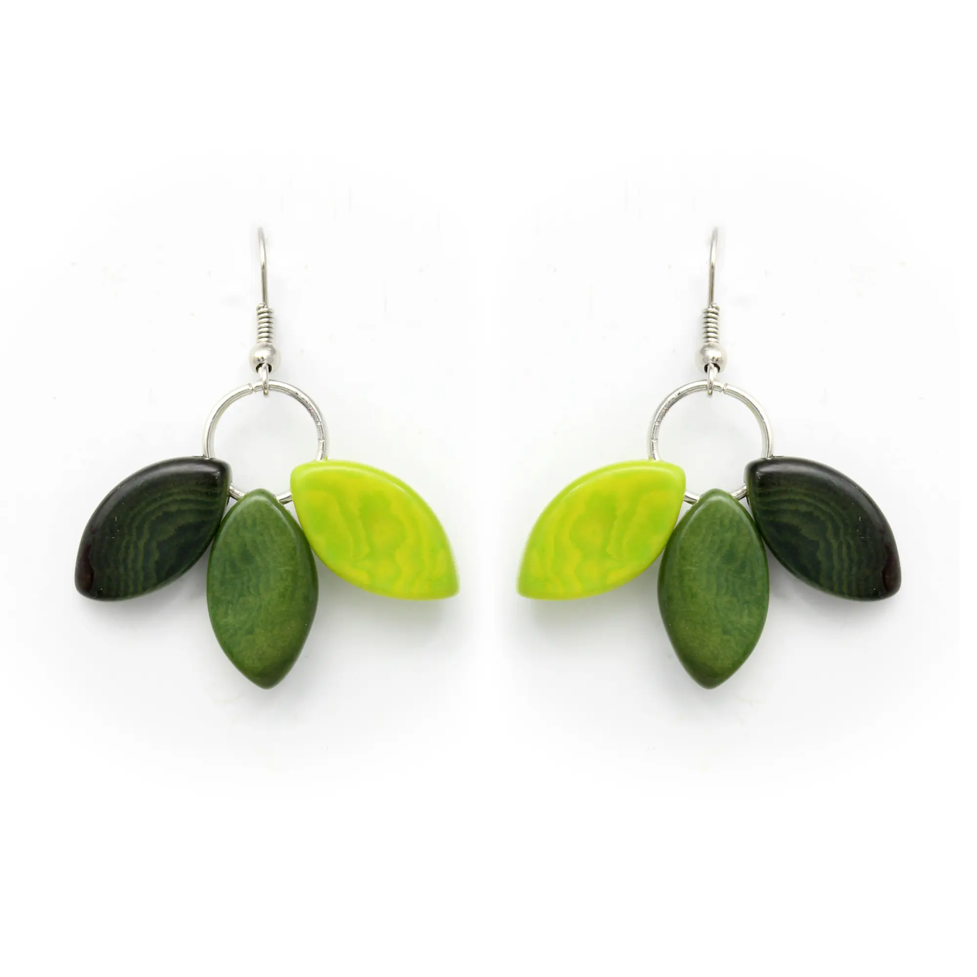 Tagua Earrings Leaves in Greens, Handmade Fairtrade, Lightweight by Florama Natural Jewelry