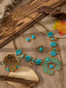 Western Bohemian Turquoise Teardrop Jewelry Set for Women - 4Pcs Vintage Cowgirl Squash Blossom Necklace, Cuff Bangle, Ring & Dangle Earrings Accessory Kit