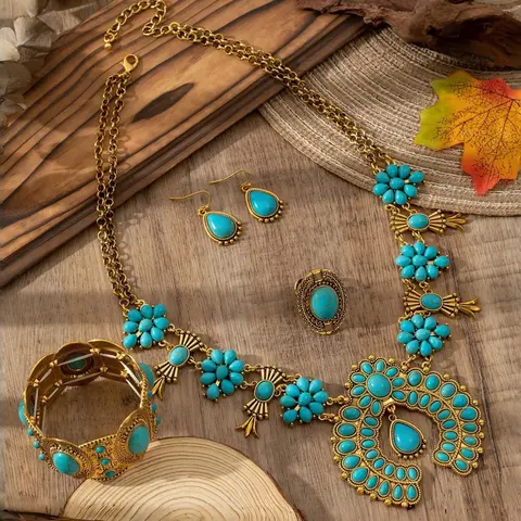 Western Bohemian Turquoise Teardrop Matching Boho Jewelry Set for Women - 4Pcs Vintage Cowgirl Squash Blossom Necklace, Cuff Bangle, Ring & Dangle Earrings Accessory Kit