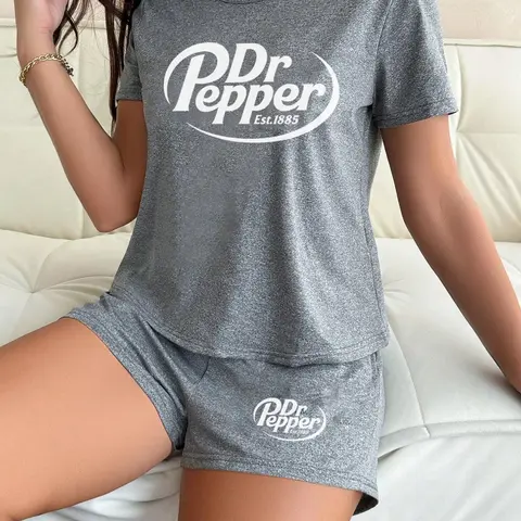 Women's Short Sleeve Shorts Pajama Set, Pepper Doctor Logo Print Sleepwear, Casual Loose Fit Nightwear for Women, Pjs