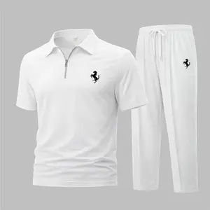 Men's Horse Silhouette Print Waffle-Knit Polo Shirt Set, Short-Sleeve Zip-Up Collar Top with Matching Athletic Trousers, Casual Sportswear Outfit