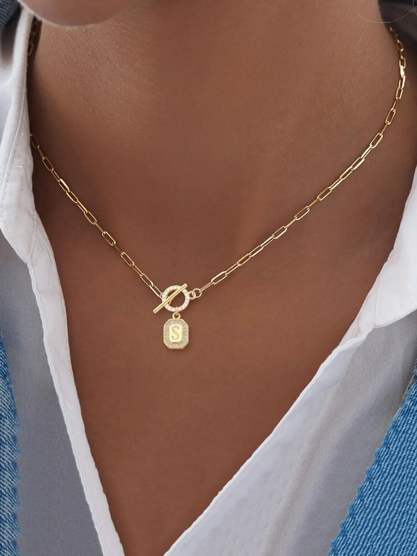 Initials Pendant Necklace for Women, Paper Clip Chain Necklace, Letter Necklace, Dainty Necklace, Charm Necklaces, Casual Style Necklaces, Jewelry for Party, Minimalist Chain, Personalized Initial Necklace, Fashion Minimalist Necklace