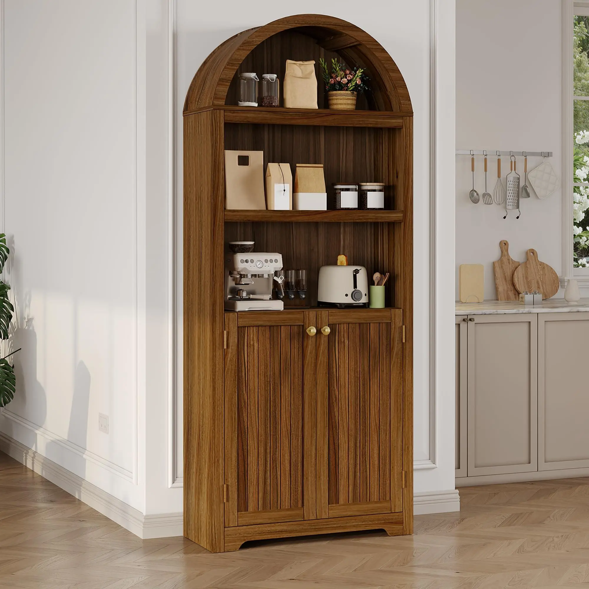 GARVEE 72 in Tall Arched Pantry Cabinet with Doors, 5-Tier Kitchen Pantry Cabinet with Adjustable Shelf & Black Handles, Wood Storage Cabinet for Dining Room, Kitchen, Living Room, Walnut