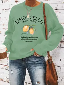 Women's Casual Elegant Lemon Pattern Pullover, Soft Long Sleeve Round Neck Sweatshirt, All-Season Comfort