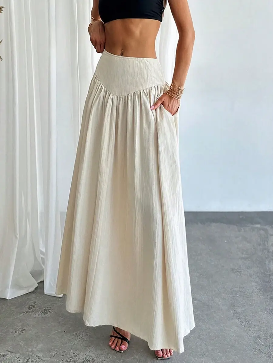 Boho Flowy High Waist Maxi Skirt for Women with Pockets, Casual A Line Summer Beach Vacation Cottagecore Long Skirt