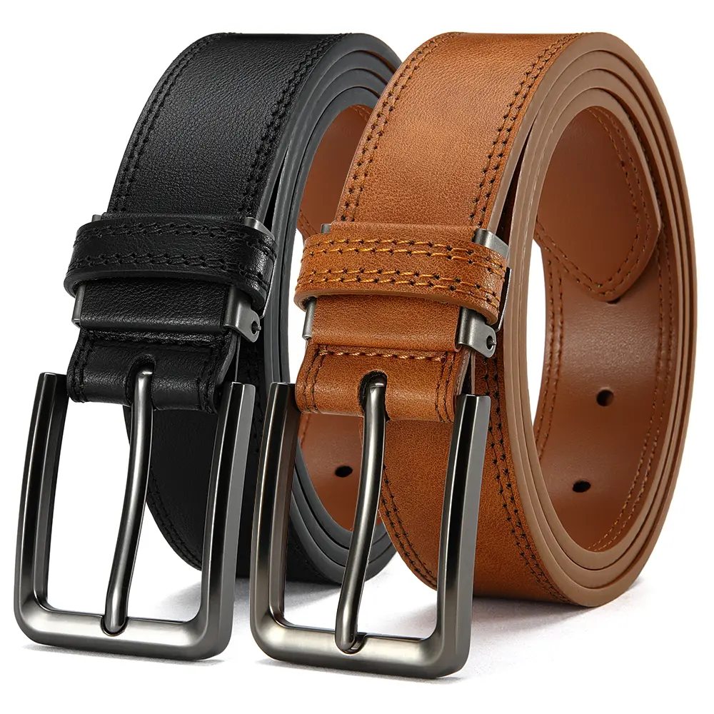 Men’s Genuine Leather Belt, Classic Square Pin Buckle Business Casual Dress Belt for Jeans & Work Wear