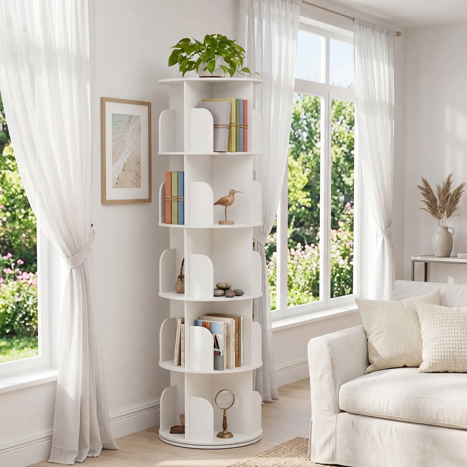 3-5 Tier Rotating Bookshelf Tower, Small Spinning Bookcase Lazy Susan | Freestanding 360° Display Revolving Book Shelf Storage Rack, Vertical Corner Organizer for Bedroom, Living Room, Modern White