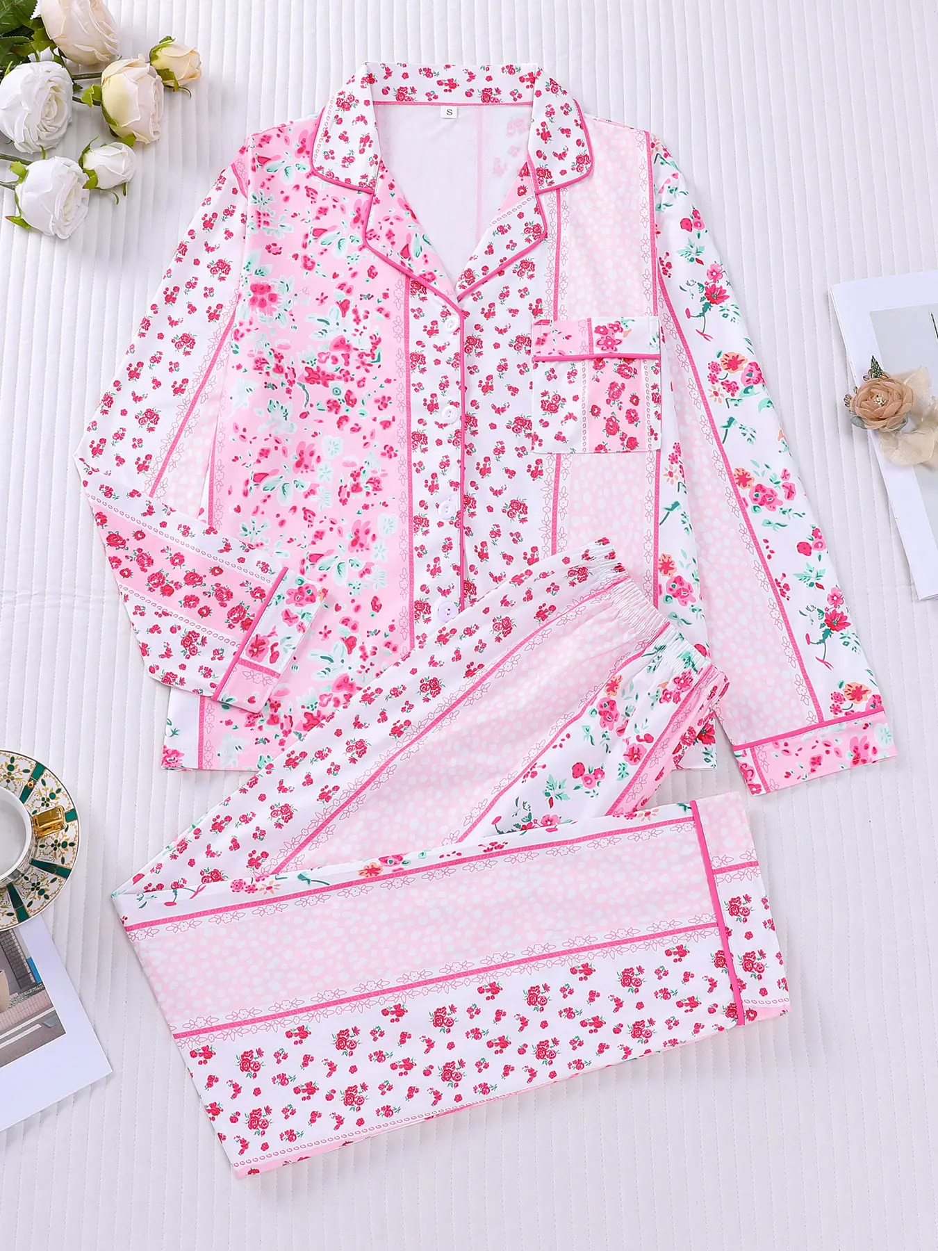 2-piece set, Button front set in pink floral print, Collared, featuring long sleeves and a long skirt, Loose, skin-friendly design includes button closures on top and elastic waistbands, Suitable for all seasons, perfect for casual wear, loungewear