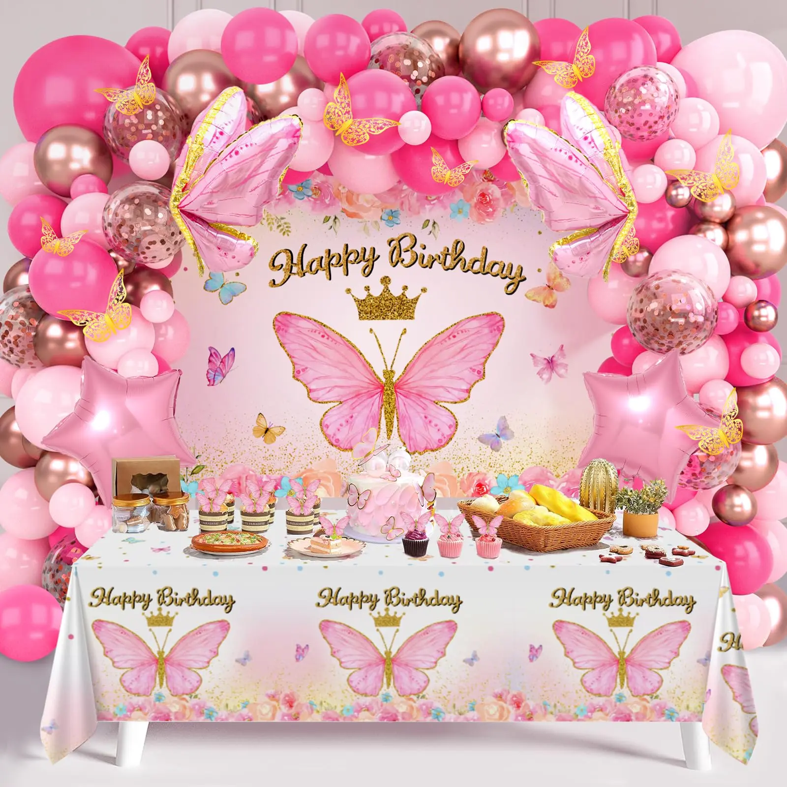 Pink Balloon Arch Kit With Foil Butterfly Balloons  Happy Birthday Backdrop & Tablecloth Decorations For Girl's Party - 106 Supplies