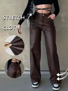 Women's Elegant Chic Faux Leather Pants, Zipper Design Loose Fit Wide Leggings, Mid Waist All Season Fashion, Comfortable Daily Wear