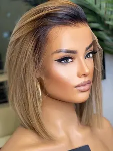 14-Inch Soft Bob Ombre Blonde Straight Wig, 180 Density, 13x4x1 Lace Front, Pre-Trimmed Realistic Hair, Suitable for Daily Wear