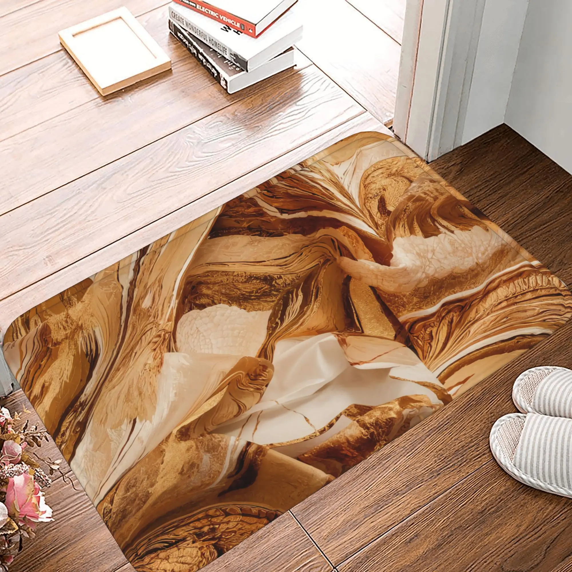 Luxury Gold Marble Flannel Doormat, Chic Non Slip Area Rug, Elegant Abstract Design, Stain Resistant & Easy Clean, Perfect for Modern Living Spaces