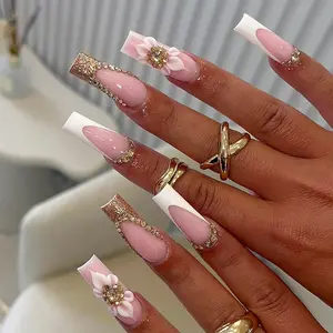 24pcs Long Water Pipe Nail Tips, French Rhinestone Butterfly Design, Handmade Detachable False Nails, Includes Jelly Glue and File