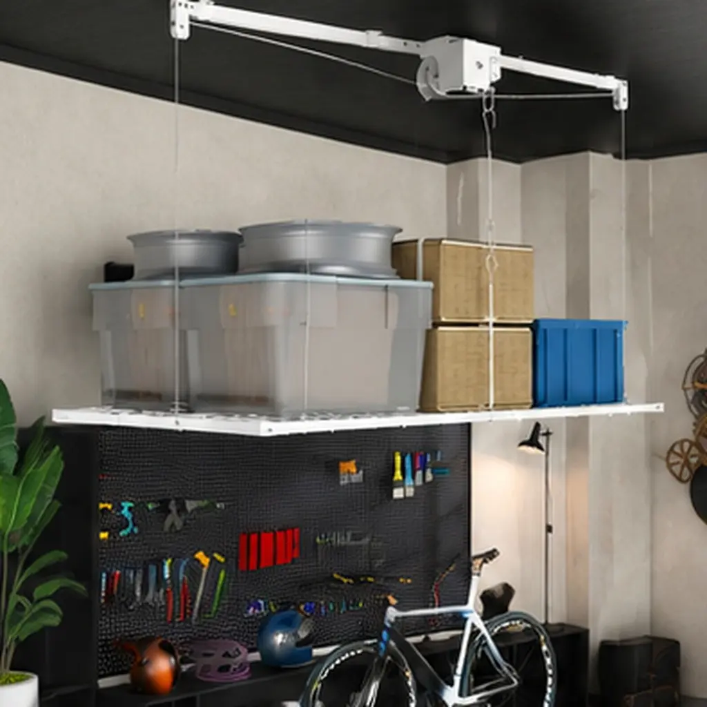 White Overhead Garage Storage Rack 4x8 FT Ceiling Mount Heavy-Duty Steel Organizer for 10-12 FT High Ceilings, 350 lbs Capacity, Crank-Down Lift System with Safety Lock, Garage Attic Loft Shelf, Installation Required, Modern Luxury Style
