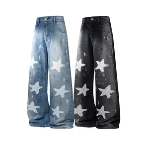 Millennium Star Print Loose Washed Jeans Retro Distressed Wide Leg Vintage Trousers for Casual Wear y2k pants