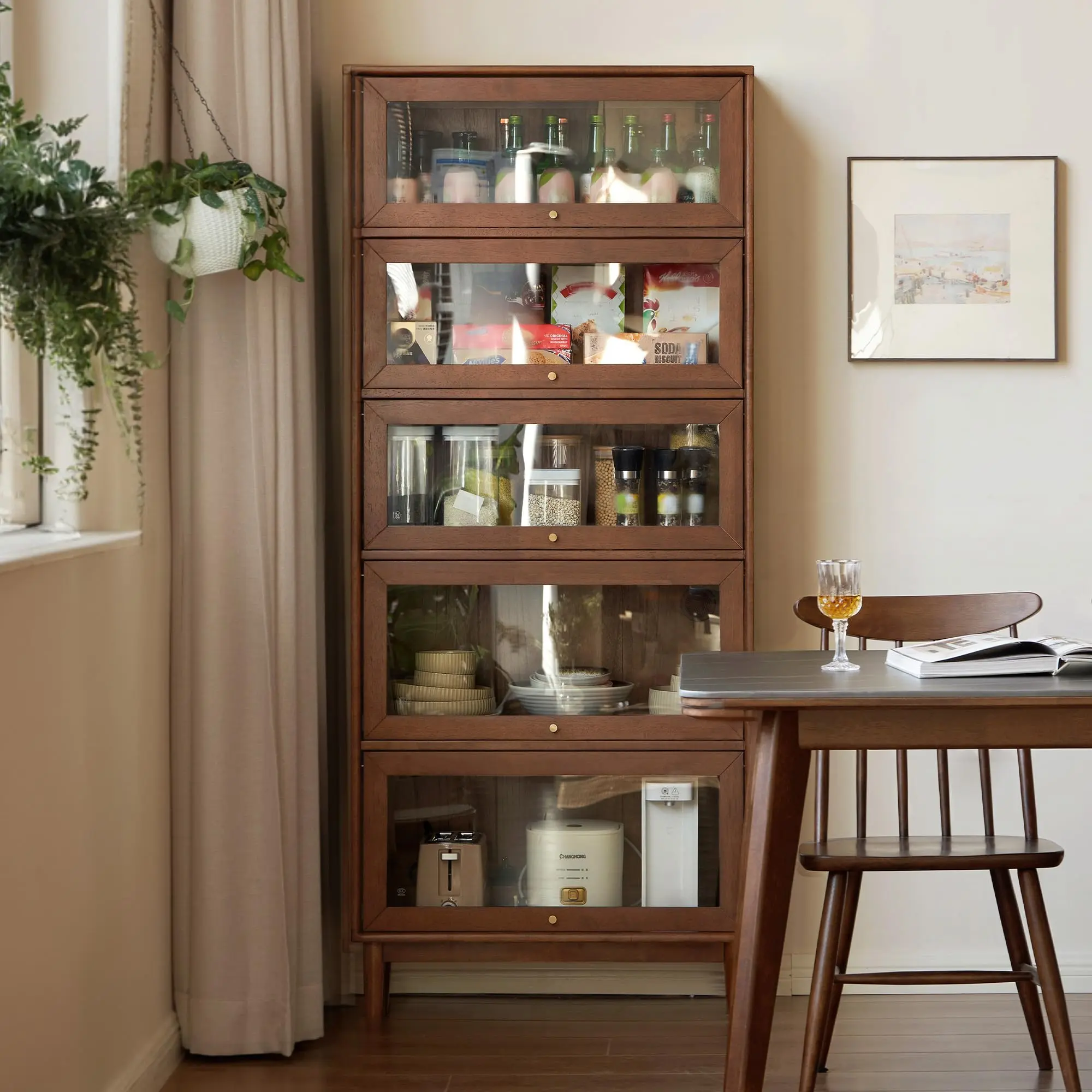 YESWOOD Solid Wood Bookshelf with Glass Flip-Up Doors, Vintage Display Cabinet, Solid Rubber Wood Combination Bookcase for Home Office, Study Room