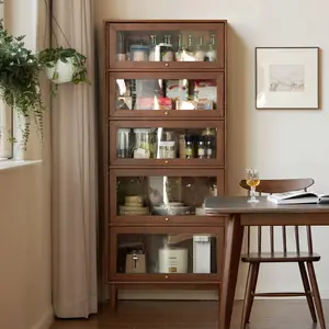 YESWOOD Solid Wood Bookshelf with Glass Flip-Up Doors, Vintage Display Cabinet, Solid Rubber Wood Combination Bookcase for Home Office, Study Room