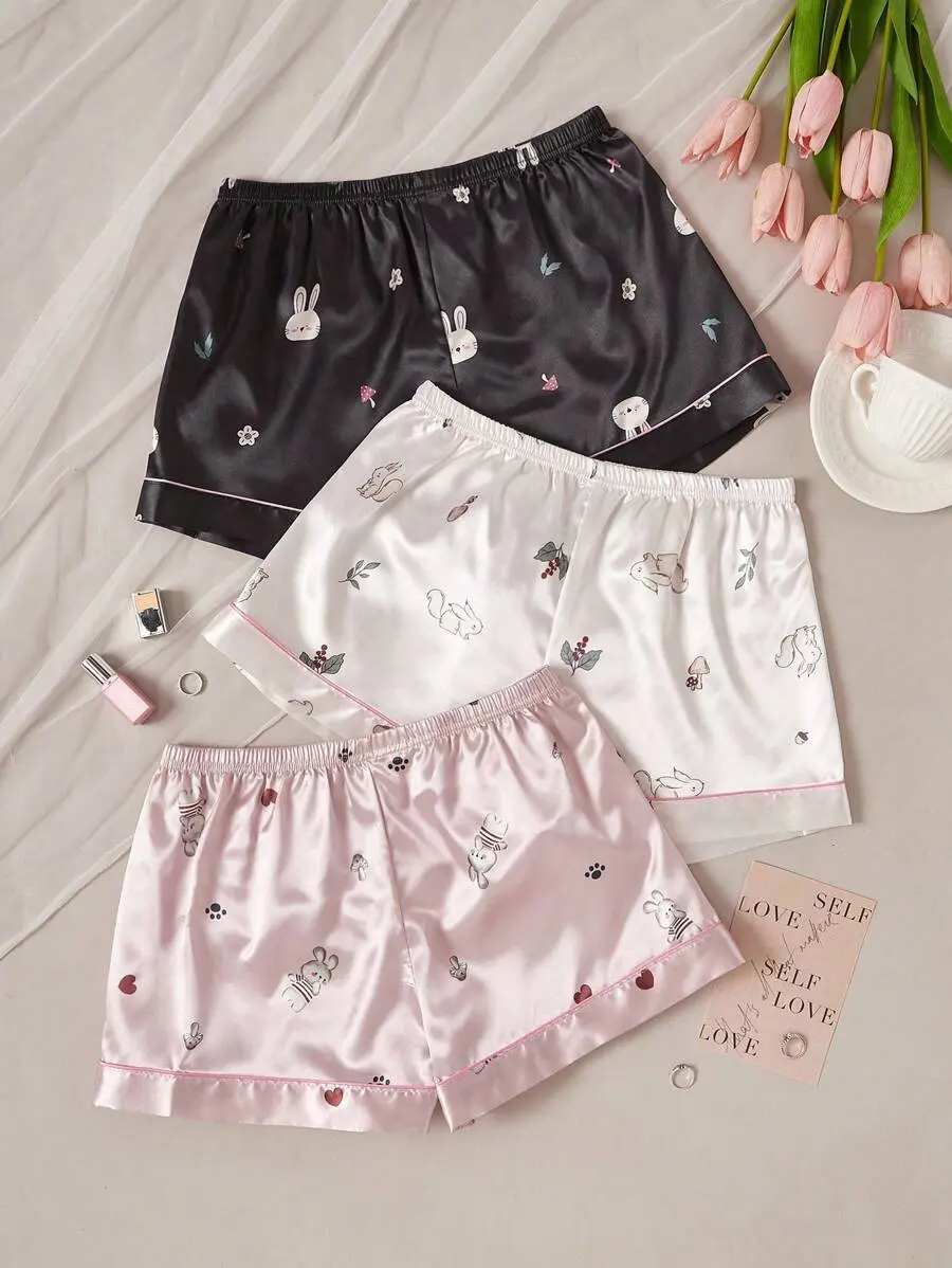 Sleepora x CottageSlumber 3pcs/Set Cartoon Animal Printed Pajama Shorts, Simulated Silk Material Sleep Shorts