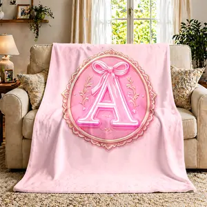 Letter Throw Blanket, 1 Piece Soft Warm Flannel Personalized Monogram Blanket, Gold Laurel Cameo Bow Design, Lightweight Portable Travel Blanket for Car Couch Dorm, Regal Custom Gift for Her Girlfriend, French Decor