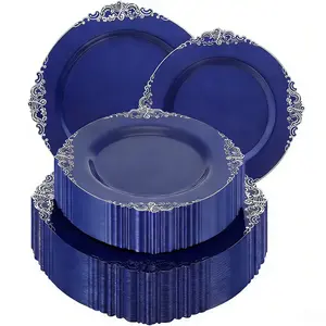40-Piece Blue Silver Color Retro Plastic Plates Set, Heavy-Duty 10.25 Inch & 7.5 Inch Dessert Salad Dinner Plates, Perfect for All Occasions