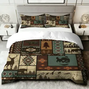 3PCS Duvet Cover Set, 1 Duvet+2 Pillowcases(Without filler), Bear Deer Tree Mountain Forest theme, Christmas bedding set, Lodge Cabin Rustic Vintage Suitable for decoration Bedroom Living Room Guest Room Cottage, Decorative Duvet Cover.