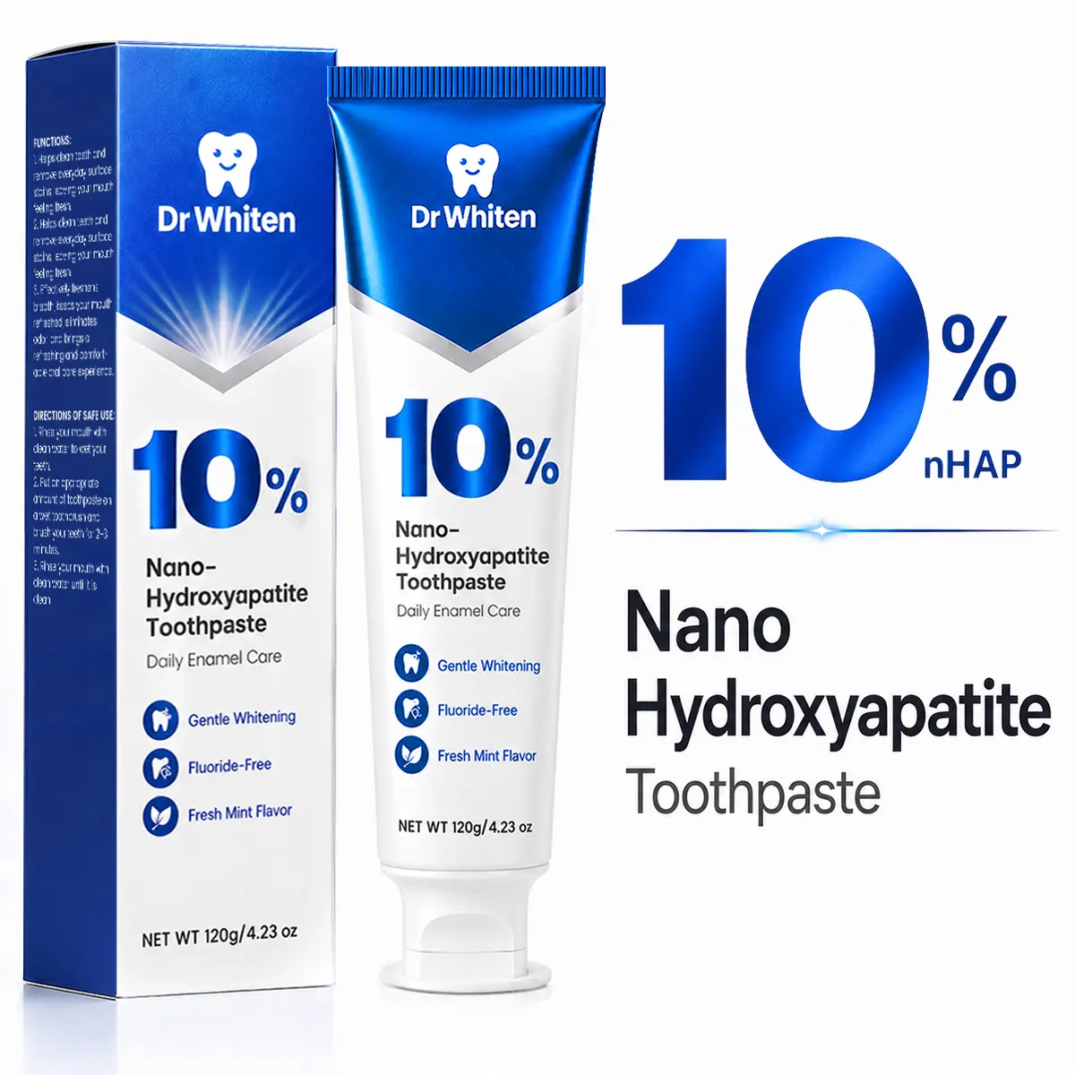 DrWhiten 10% Nano-Hydroxyapatite Toothpaste | 10nHAP Dentist-Recommended Fluoride-Free Formula | Enamel Repair & Gentle Whitening | For Sensitive Teeth | Fresh Mint & Fresh Breath | Dentist Formulated | 4.23 oz