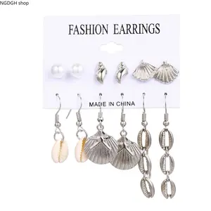 Women's Trendy Seashell Dangle Earrings Set - Gold Starfish Studs, Long Conch Shell Drops, Lightweight Beach Hoop Jewelry for Summer Beach Party & Coastal Layering