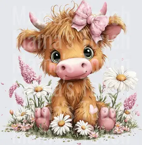 Highland cow pink flowers