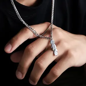 Men's vintage feather necklace, double-layer stainless steel Cuban chain pendant necklace, unisex