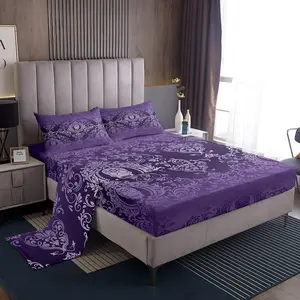 Adults Purple Vintage Damask Floral Sheet Set Oriental Antique Sheets with Deep Pocket Fitted Sheet Gothic Bohemia Boho Bed Sheets Set Exotic Sugar Skull Bedding Set Bed Set