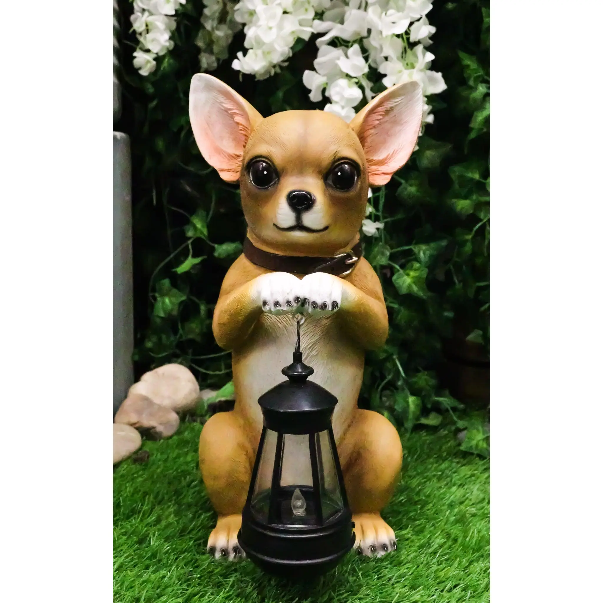 Ebros Gift Chihuahua Dog On Two Legs Statue with Solar LED Lantern Lamp 14" Tall