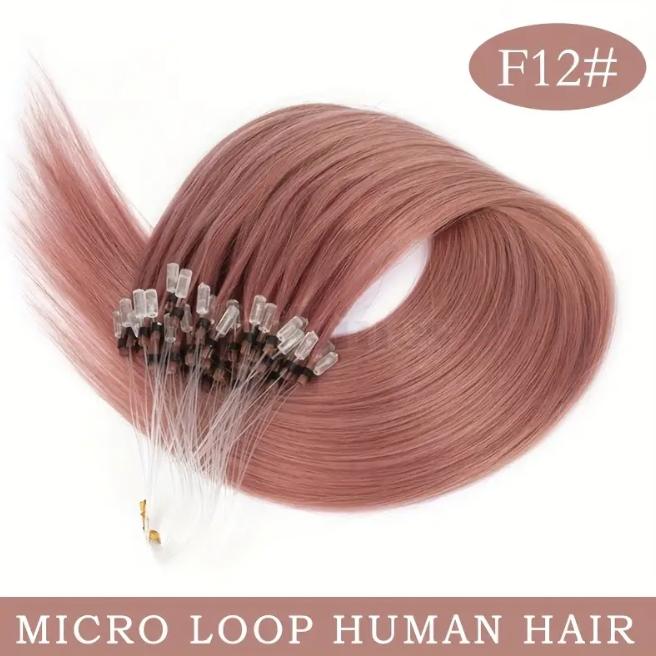 50pcs 30g Micro Loop Human Hair Extensions, Natural Straight, No Glue Easy Install, Vibrant Red Pink Green Blue Purple Gray, 12-28 Inches for Women Daily & Festive Hairstyles