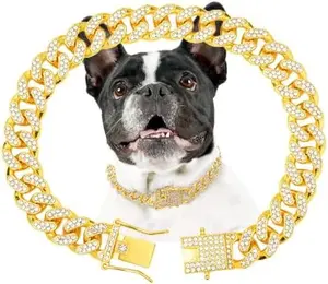 Gold Dog Chain Diamond Gold Chain Dog Collar Walking Metal with Design Secure Buckle Pet Collar Jewelry Accessories Necklace for Small Medium Large Cats,10 Inch