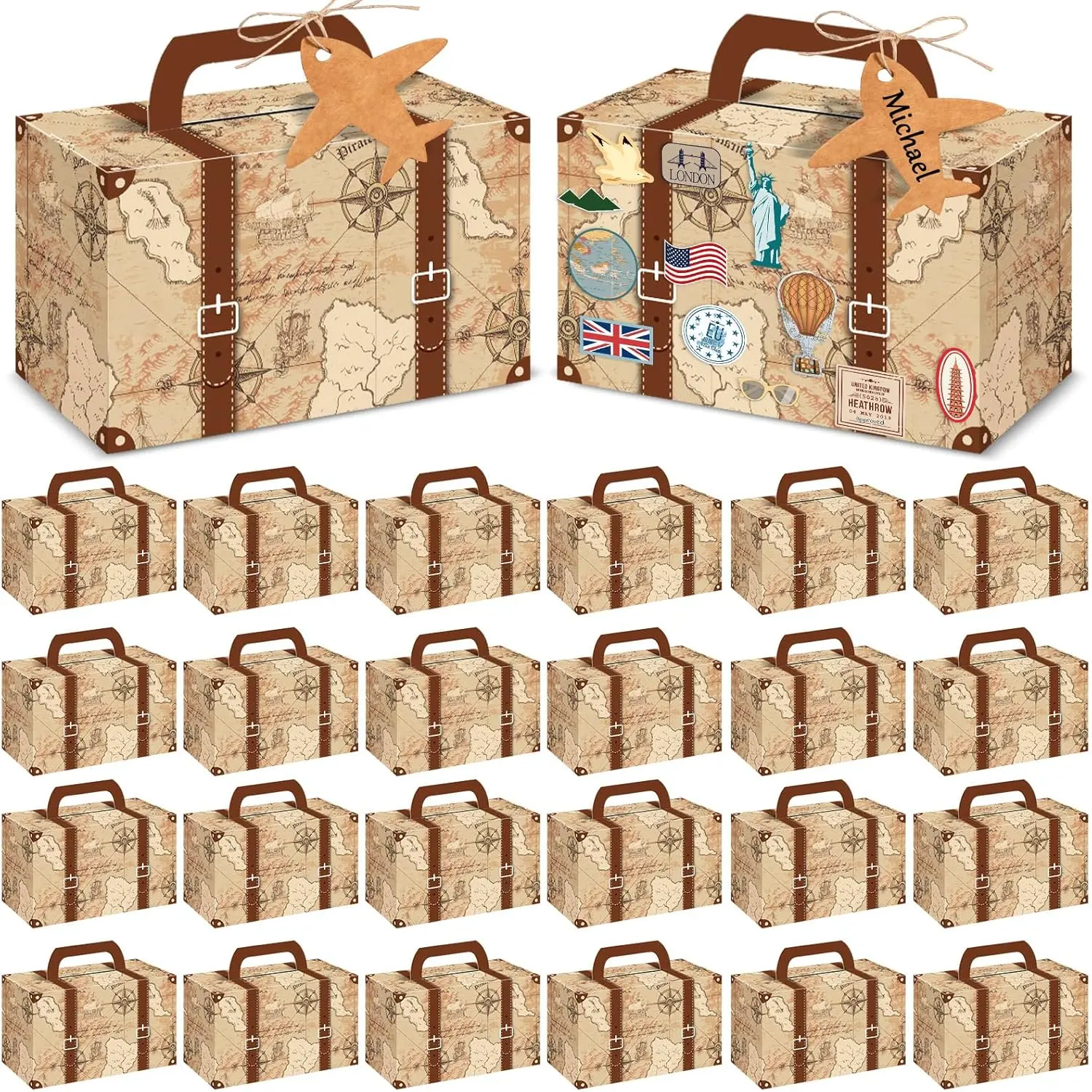 12Pcs Large Suitcase Party Favor Boxes Travel The Map Paper Treat Box with Tags Birthday Supplies Travel Theme Candy Goodie Gift Boxes for Birthday Baby Shower Wedding Vintage Party Table Decoration,back to school,back to school haul
