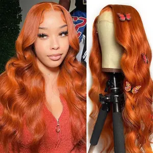 32 Inch 180% Density Ginger Orange Lace Front Wigs Blended Human Hair 13x4 Body Wave HD Transparent Lace Frontal Wigs for Women Glueless Wigs 350 # Pre Plucked