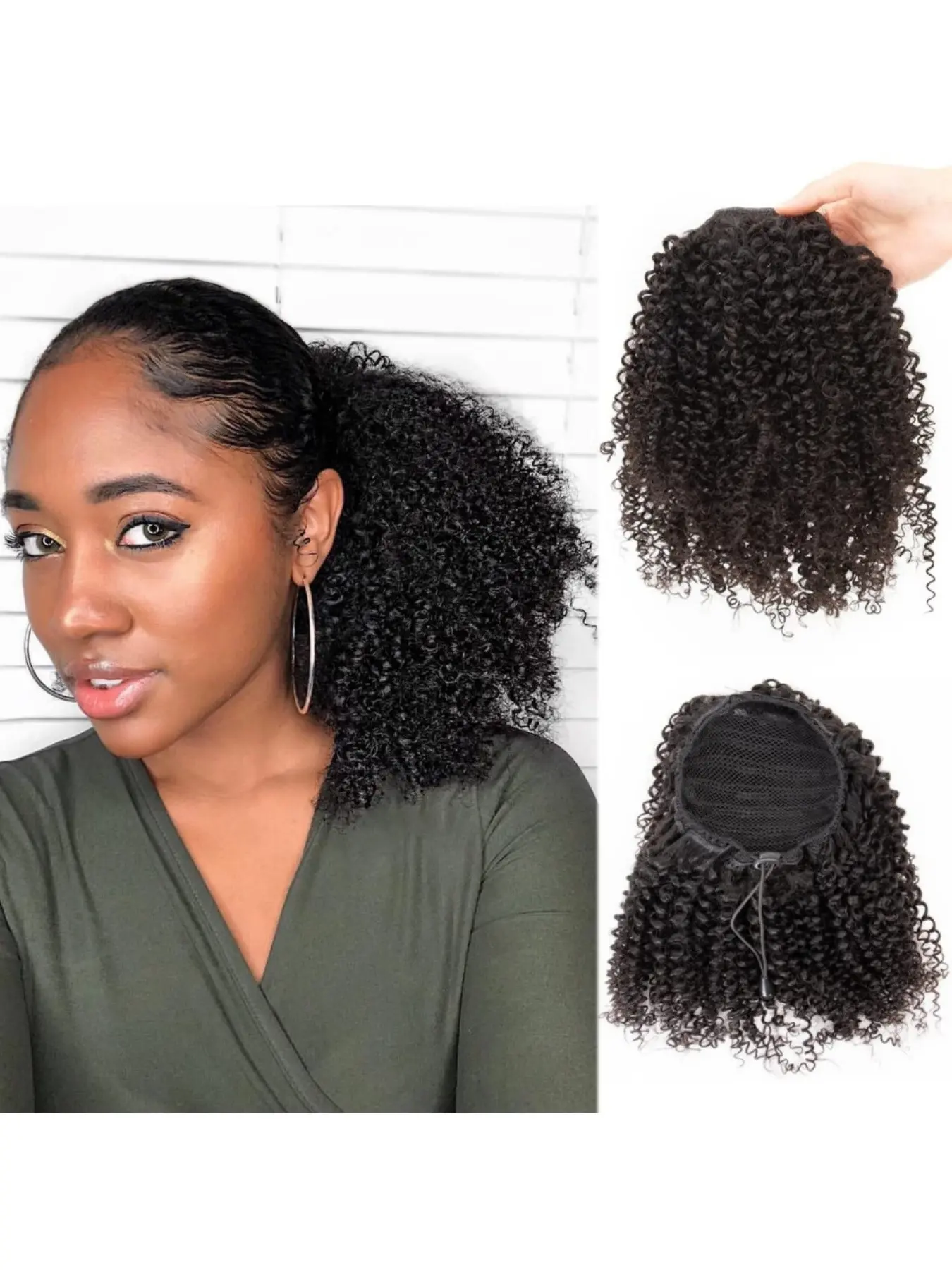 Afro Puff Drawstring Ponytail Human Hair Clip-In, Kinky Curly Puffs & Buns Weave Hair Extensions for Women, Natural, 100g