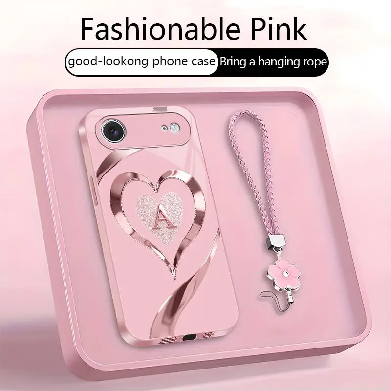 Suitable for [iPhone 17 Air ] Personalized A-Z Initial Rose Gold Heart Monogram Phone Case | Metallic Painted Glass Protective Cover with Pink Petal Wrist Strap | Shockproof Drop Protection, Anti-Scratch & Anti-Fingerprint -JS996