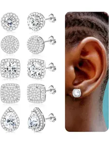 Cubic Zirconia Stud Earrings for Women Men Simulated Diamond CZ Halo Stud Earrings Round Square Iced Out Earrings 18K Gold Plated Hypoallergenic 925 Sterling Silver Post Earrings Set