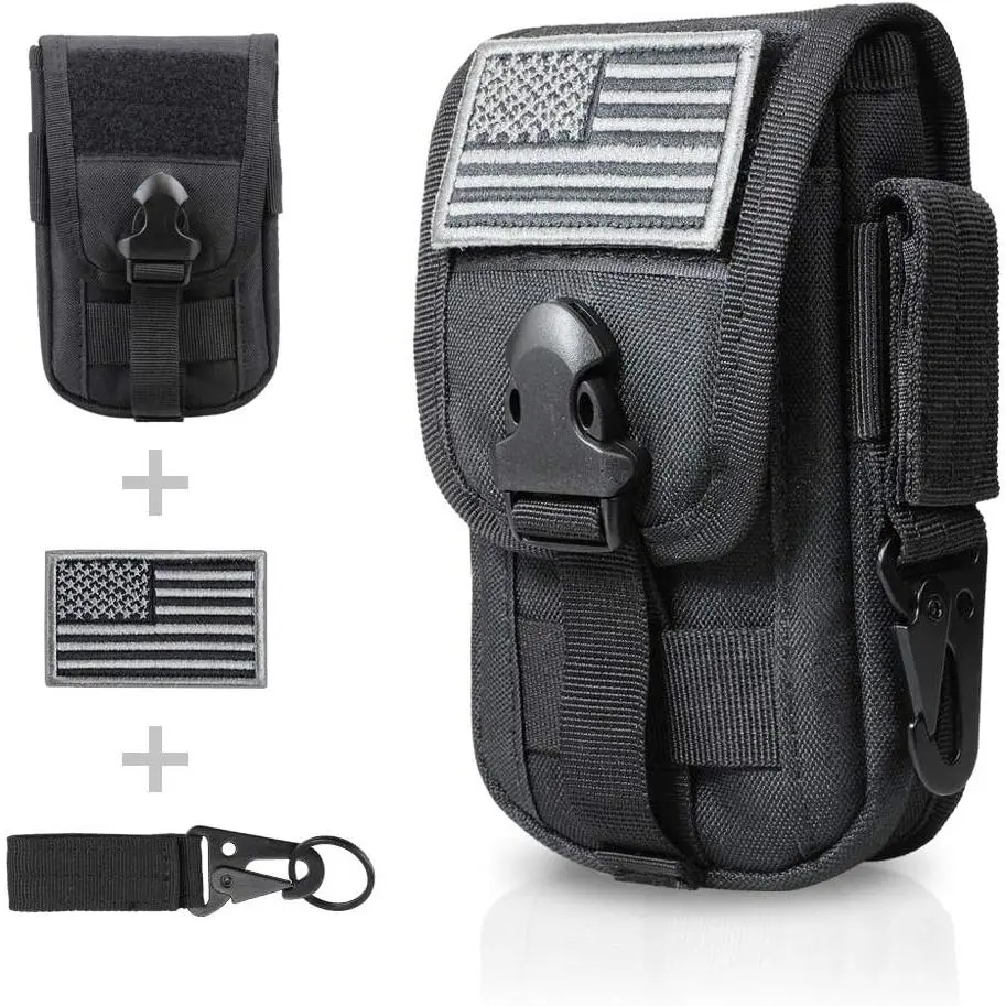 Tactical Molle Phone Pouch - EDC Utility Smartphone Holster with Buckle, Card Holder Organizer, Tactical Gear Clip & US Pride Patch, Casual Waist Belt Case for Army Green/Black Cellphones