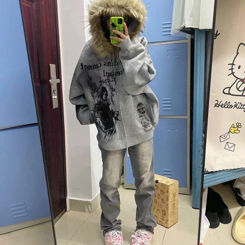 Women Y2k Aesthetic Tie-dye Printing Hoodies Harajuku Vintage Fur Patchwork Hooded Hoody Casual Grunge Oversized Sweatshirts