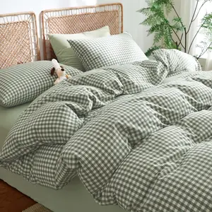 Gingham Duvet Cover  Size  Washed  Green Plaid Checkered Comforter Cover 3 count Soft Breathable Grid Farmhouse Dorm Bedding Set for  Seasons