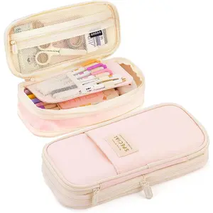 Expandable Pencil case with compartments, Large Capacity Pencil Cases Pencil Bag Pouch Office School, Portable Pencil Case Large School Stationery Organizer, Makeup  Bag, Pink