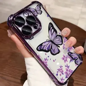 Purple Butterfly Electroplated Airbag Transparent Phone Case For iPhone 16 Pro Max 15 14 Plus 13 12 11 17 Air 16E Soft Cover