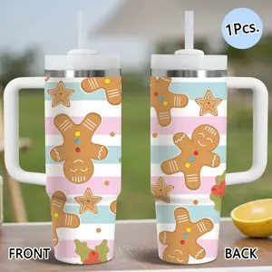 PIKPAKA Festive Gingerbread Pattern Vacuum Flasks 40oz Stainless Steel Insulated Tumbler with Handle & Straw, Leakproof Travel Mug, 12H Cold Retention, Christmas & Holiday Gift Idea for Friends, Family & Coworkers