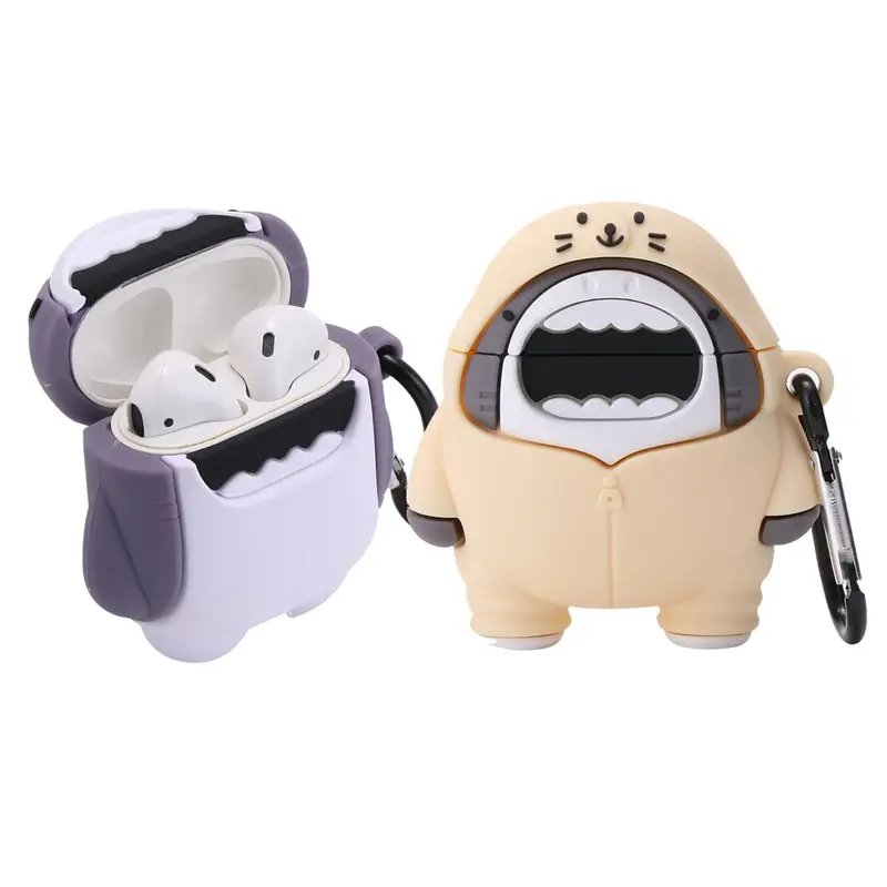 【2 Pack】 3D Cute Shark Case for Airpods 1st/2nd - High-Quality Soft Silicone Clip-on Keychain Protective Cover for Audio Headphones - Unique Purple & Beige Shark Design - Excellent Protection Against Accidental Drops