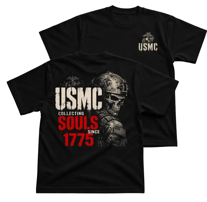 USMC Collecting Souls Since 1775 T-Shirt – Marine Corps Tee Featuring Front Chest Logo & Large Back Soldier Skull Graphic, Tactical Veteran Patriotic Novelty Gift for Men, Menswear Medium Men's