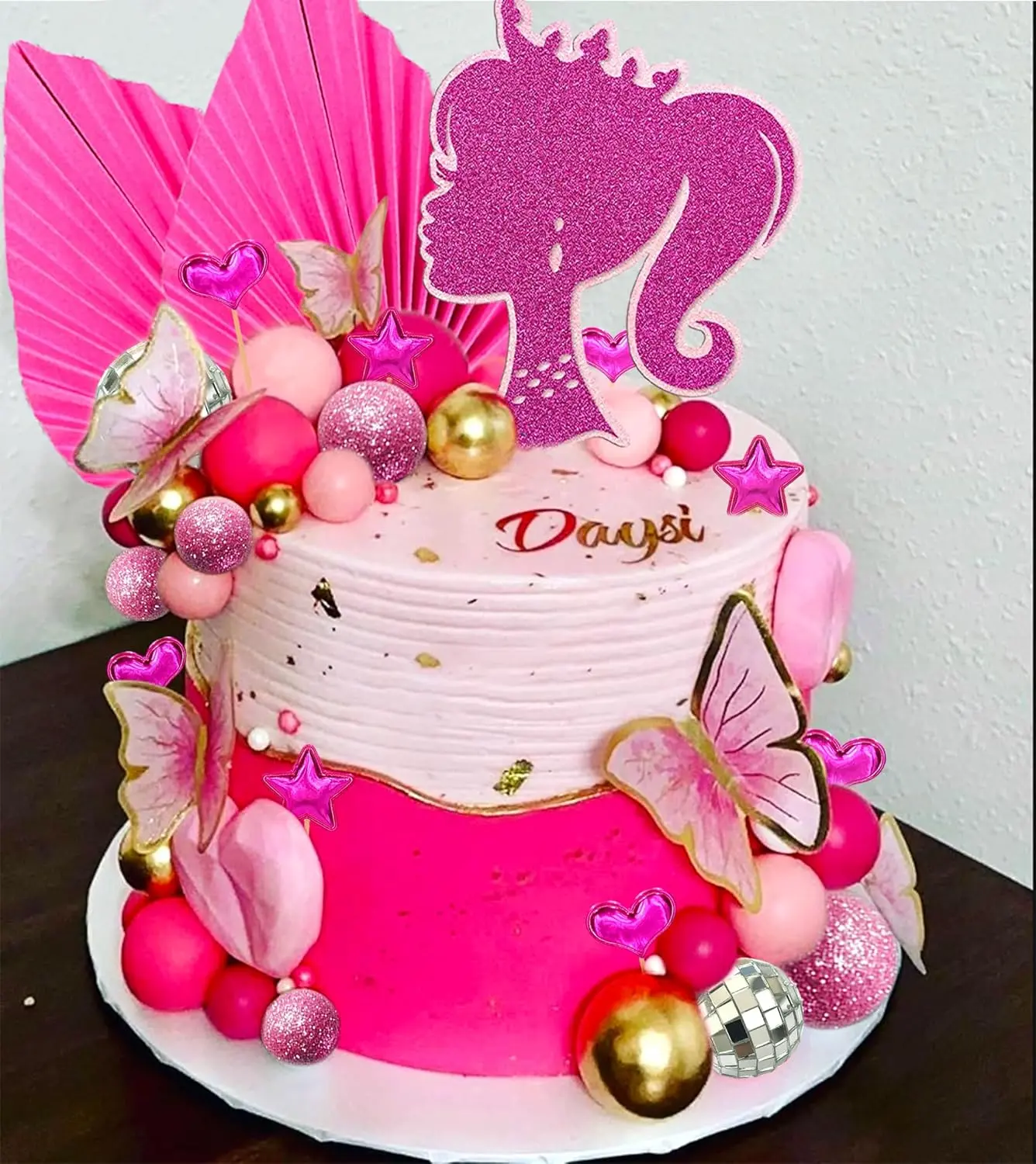 Princess Hot Pink Girl Cake Decoration - Pink Girls Birthday Decoration - Bags, Heels, Lipstick, Palm Leaves, Cake Topper for Birthday, Bridal, Baby Shower